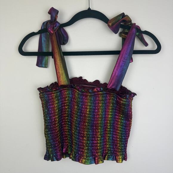 TCEC Womens Tie Strap Rainbow Metallic Cropped Smocked Multicolored Top Small - Picture 2 of 8